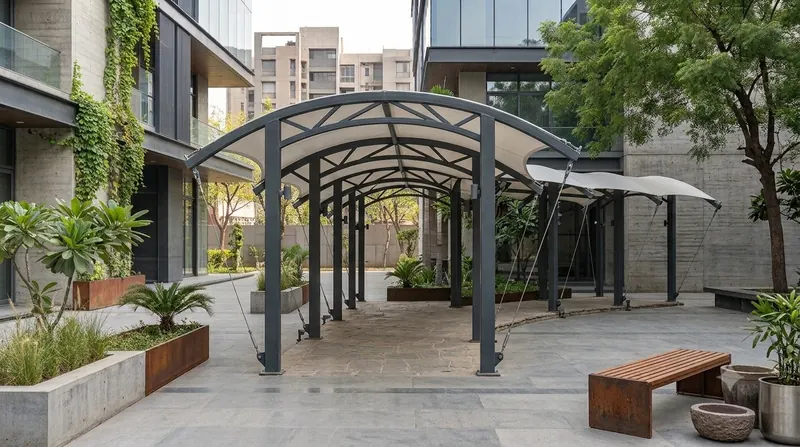 Arched steel-and-fabric canopy over a courtyard walkway between buildings