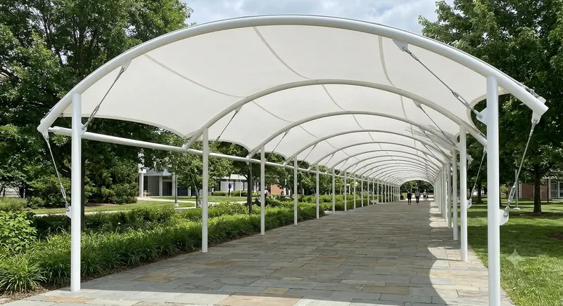 Barrel-vault arched walkway canopy over a campus footpath