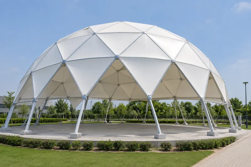 Faceted geodesic membrane dome on a steel frame in a landscaped park