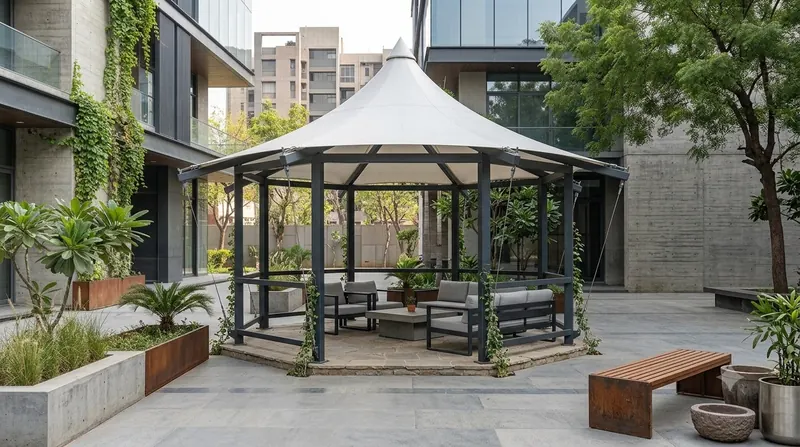 Hexagonal tensile gazebo with lounge seating in a landscaped courtyard