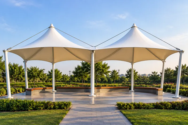 Twin conical tensile peaks over a park plaza with curved seating